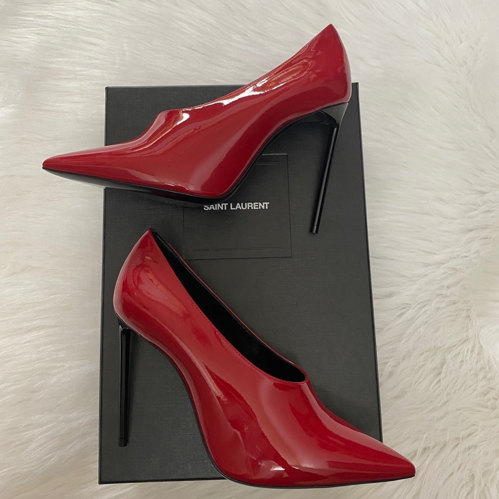 🔥HOST PIC🔥 NEW in Box- SAINT LAURENT Vernice Chiffon Red Heels 36.5 - Picture 2 of 6